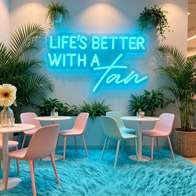 Life's Better With a Tan Neon Sign Ice Blue LED Neon Light for Wall Decor USB Powered Neon Signs for Tanning Salon Beauty Studio Bedroom Home Bar Party Aesthetic Decor Tanning Room Accessories