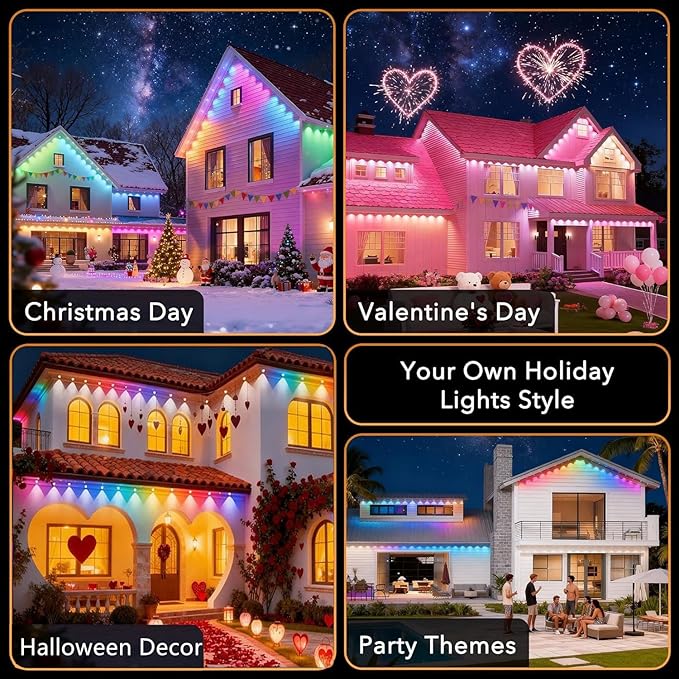 Permanent Outdoor Lights,100ft RGB + IC Smart LED Eaves Lights with App & Remote Control, IP67 Waterproof,for Christmas and All Holiday Decor,Daily and Accent Lighting,House Roof and Garden Lighting