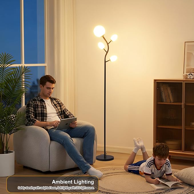 Fiqevs 4 Globe Floor Lamp for Living Room, Mid Modern Standing Tree Lamp | 3000K Warm White Light, 4 LED Bulbs Included, Sphere Ball Frosted Glass Shade Tall Lamp for Bedroom/Office, Matt Black