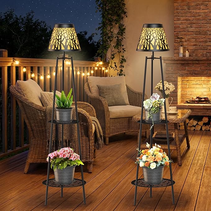 MXwcy 2 Pack Metal Solar Floor Lights Outdoor with Plant Stands, 45.5'' Solar Powered Street Lights, for Garden Yard Pathway Driveway Porch