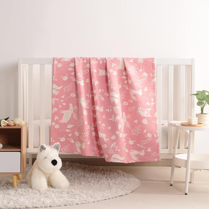 NTBAY 3 Layer Oversized Muslin Toddler Blanket, 45 x 60, Pink Owl | Muslin Cotton Outer Layers with Light Thermal Fiber Fill, Reversible Blanket for Daycare, Travel, Naps, and Supervised Use