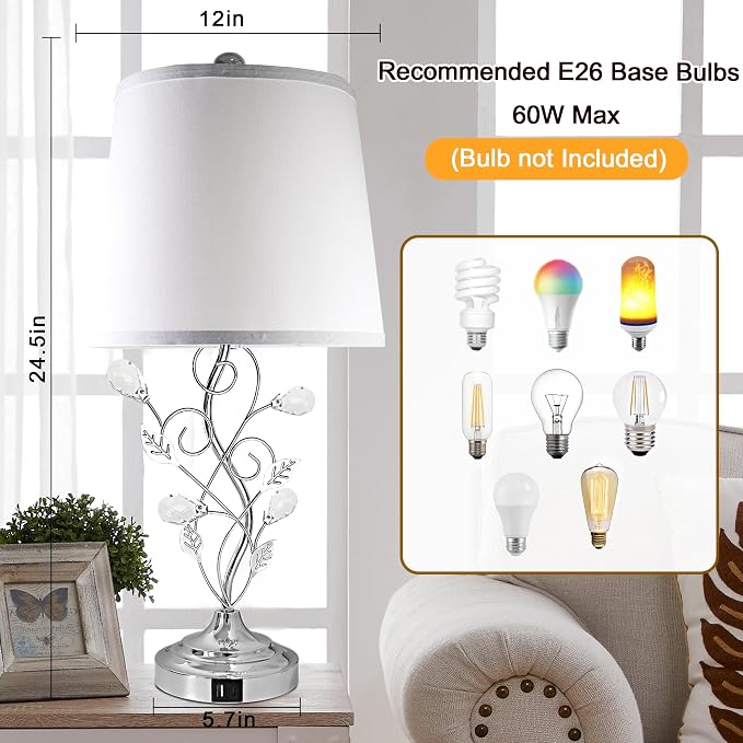 Sheetea 24.5’’ Set of 2 Table Lamps for Bedroom Living Room Bedside, Chrome | 2 USB Charging Ports, Farmhouse Rustic Style, Unique Leaf Design, Perfect for Bedrooms Nightstand End Tables Decor