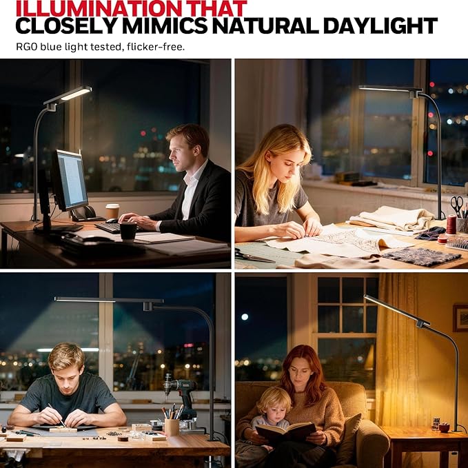 Honeywell HJ2 Gooseneck LED Desk Lamp with Clamp, CRI≥97 Full Spectrum Eye-Caring Light, 16" Flexible Metal Arm, 3-Color Dimming with Magnetic Remote for Home Office, Artists, Reading (Black)