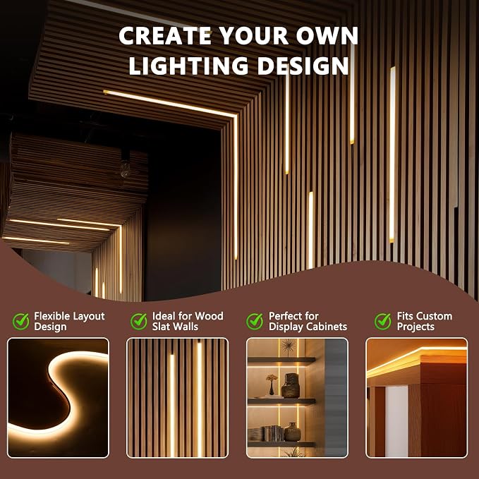 VST 16.4ft Smart Silicone Recessed LED Strip for Wood Slat Wall Panels, 24V | 2700K-6500K Tunable White, Alexa/App/RF Smart Control, Cut-to-Fit Continuous Strip with Quick Connectors for Custom Layouts