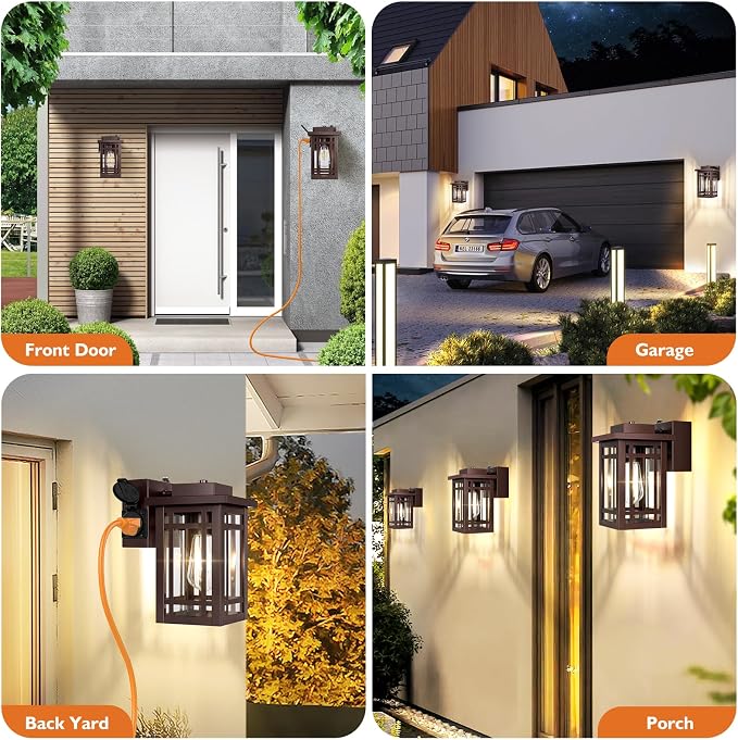2-Pack Outdoor Porch Lights with Outlet,Dusk to Dawn Modern Outdoor Wall Lights Exterior Lighting Fixtures Waterproof,Orb Bronze Outside Light for House Patio Garage Hallway