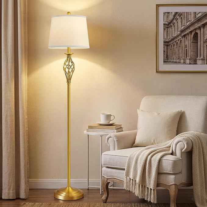 EJIAXIN Floor Lamps for Living Room - 62" Farmhouse Vintage Standing Lamp for Bedroom with Adjustable Color Temperatures,Gold Tall Lamp with Linen Shade,Reading Light for Home Office,Bulb Included