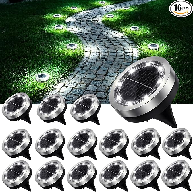 SenLuKit 2.1 inch Mini Solar Ground Lights 16 Pack Outdoor IP65 Waterproof Solar Flat Garden Light Solor Powered Disc Pathway Lights for Outside Walkway Yard Landscape Patio Lawn Driveway-Cool White
