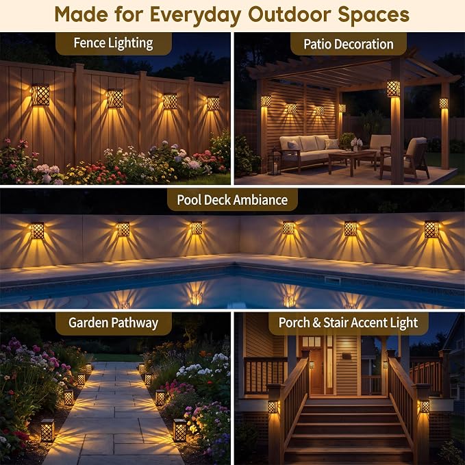 Solar Fence Lights Outdoor, 8 Pack Decorative Solar Lights with Warm Glow | Auto On at Dusk, IP65 Waterproof, No Wiring Accent Lighting for Fence, Patio, Deck, Walkway & Porch