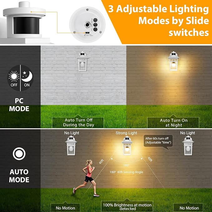 Porch Light with GFCI Outlet, White Dusk to Dawn Motion Sensor Outdoor Lights, 3-Mode Wall Exterior Lighting Fixture, Waterproof Outside Lights Sconce for House Front Door Patio Garage