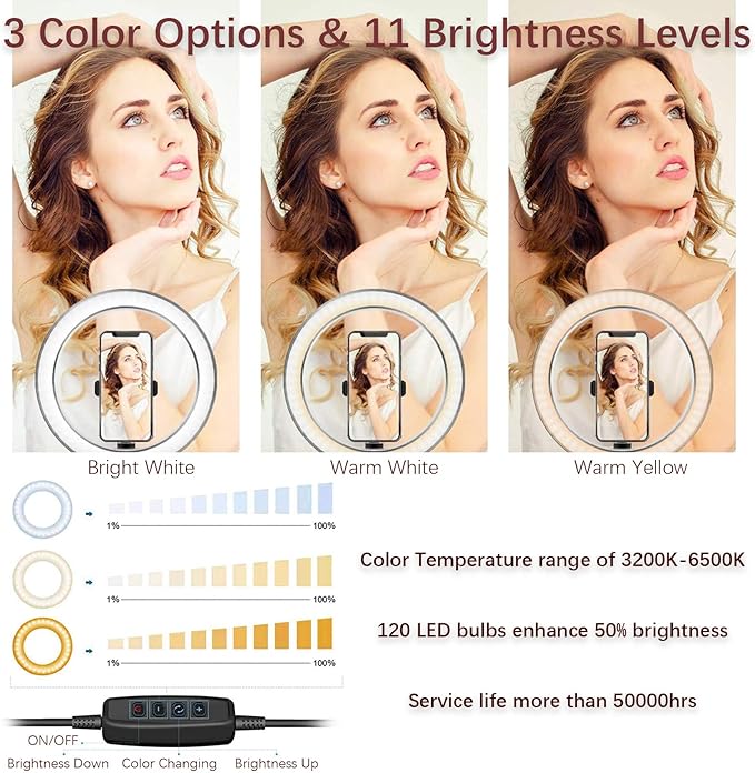 Ring Light OEBLD Dimmable with 3 Light Modes & 10 Brightness Level LED Ring Fill Lights for Phone Live Stream Makeup YouTube Shooting (C(10''Ring Light with Clip))