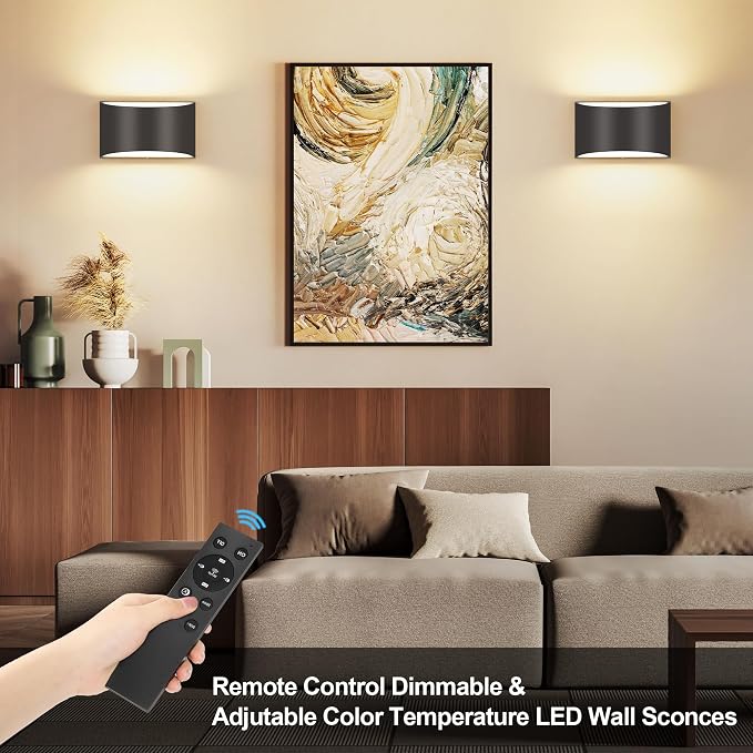 TRLIFE Modern LED Wall Sconces, Remote Control Dimmable and Adjustable Color Temperature 3000K~6000K Aluminum 12W Hardwired 120V AC Dimmable Wall Mounted Light for Bedroom Living Room(Black, 2 Pack)
