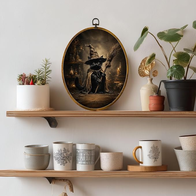 Black Cat Witch Oval Wall Art, Framed Canvas Decor, 8.5x11.5 Inch | Black cat in witch hat with broom, dark gothic spooky Halloween wall decor