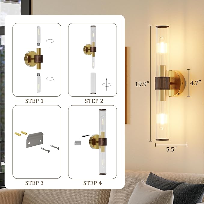 Morauroral Gold Walnut Battery Operated Wall Sconces Set of 2, Rechargeable Wall Lights with Remote, 20 Inch Modern Wireless Wall Lamp for Bedroom, Living Room (Bulbs Included)