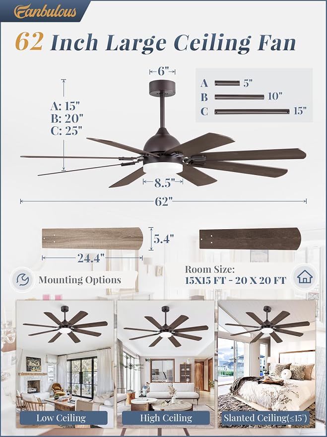 Fanbulous 62 Inch Outdoor Ceiling Fans with Lights,Oil Bronze | Modern,6 Speeds,3CCT,Timer,Remote Control,Quiet Reversible DC motor,Large,8 Double-sided Blades,Easy Installation