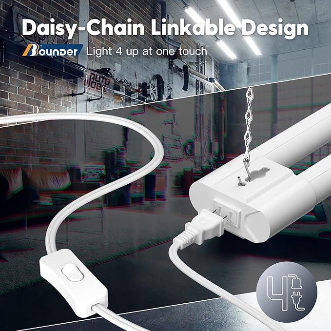 BBOUNDER 10 Pack Linkable LED Utility Shop Light, 4400 LM, Super Bright 6500K Cool Daylight, 4 FT Integrated Fixture for Garage, 40W Equivalent 250W, Surface + Suspension Mount, White