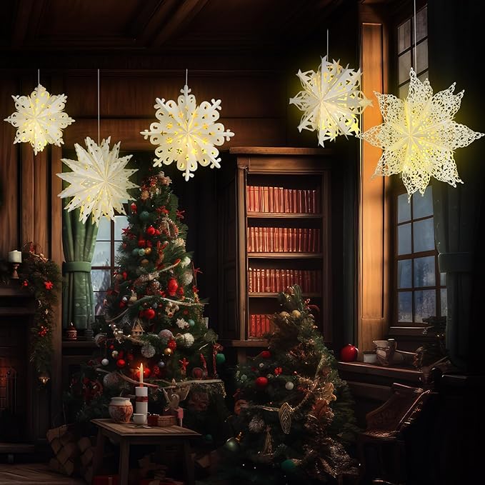 Mudder 5 Pieces Large Christmas Snowflake Paper Lantern with 7 Light 23.6/17.7 Inch Star Paper 3D Hanging Lantern Lamp Party Decoration for Weddings Holiday Xmas Trees(Cute Style,White)