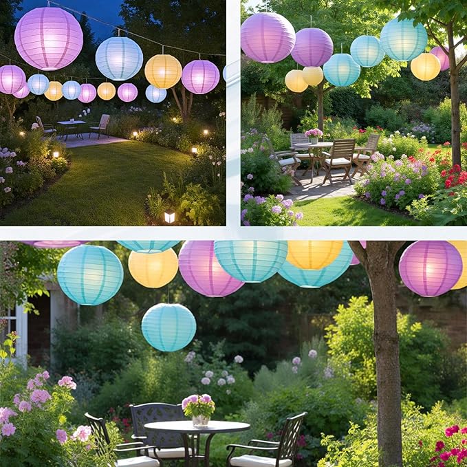 Chinese Paper Lanterns - Pack of 10, 10-Inch Blue/Purple/Yellow Hanging Lights for Birthday Party Decorations, Ceiling Decor, Rainbow Classroom, Wedding, and Home Party