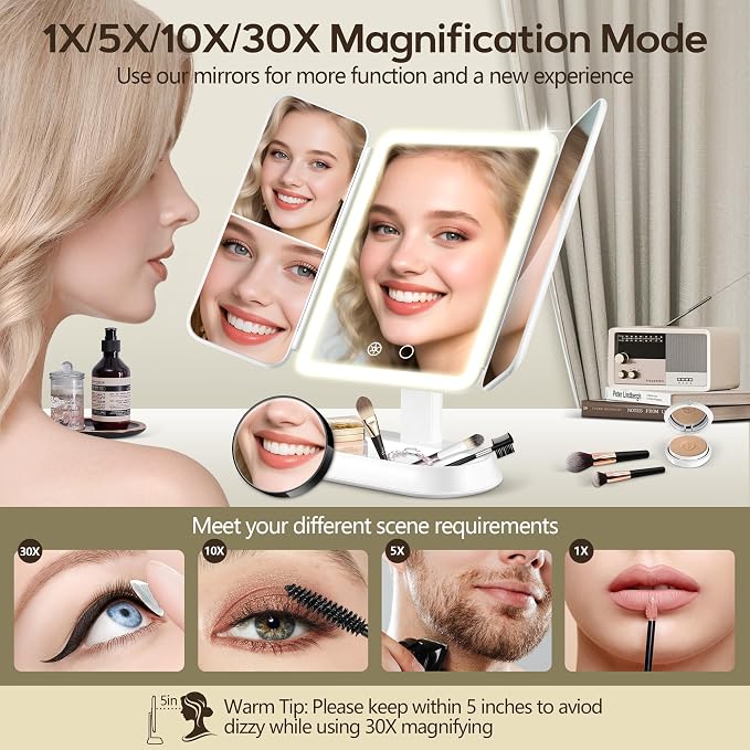 Makeup Mirror with Lights and 30X/10X/5X Magnification, Vanity Mirror with 3 Color Lights, Rechargeable, Detachable, Lighted Makeup Mirror with Magnification, Trifold Mirror, Gifts for Women