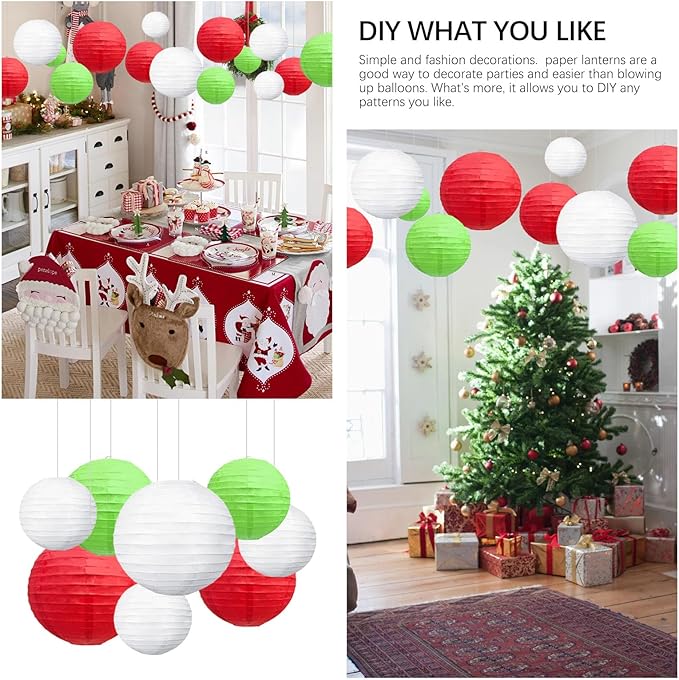 20Pcs Green Red White Paper Lanterns for Parties, 6” 8” 10” 12” Chinese Asian Hanging Round Paper Lanterns for Birthday Wedding Halloween Christmas Home Decor Party Decor