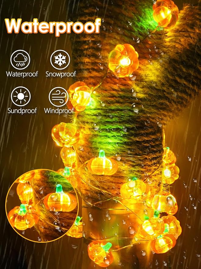 Fall Decorations 3D Pumpkin Fairy Lights Battery Operated 10FT 30LED Orange | Timer, 8 Modes, Remote Control, Waterproof String Light for Indoor Outdoor Garland Harvest Thanksgiving Halloween decorations