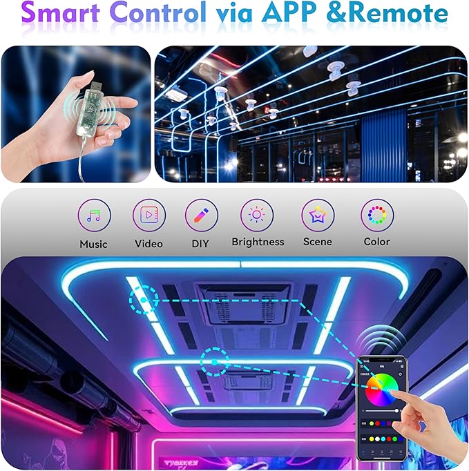 6.56ft LED Neon Rope Lights, Waterproof Music Sync Strip Lights with Remote & APP Control, USB-Powered Flexible Lighting for Christmas Halloween Decor, Gaming Room Bedroom Indoor Outdoor Decoration