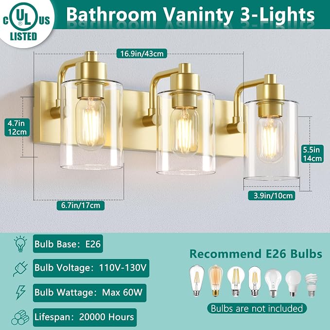 Dpyrrhic Gold Bathroom Light Fixtures,3-Light Bathroom Lights Over Mirror with Clear Glass Shade,Gold Vanity Light Wall Sconces for Kitchen Living Room Bedroom