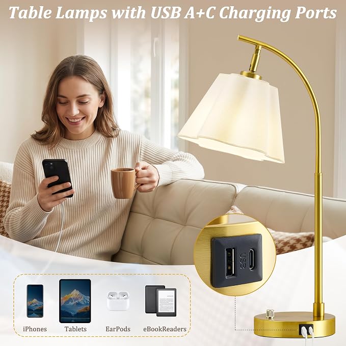 Table Lamps Set of 2, Stepless Dimmable Bedside Lamps with USB A&C Ports | Fabric Shade, Multi-Angle Rotatable Head, Lamps for Nightstand, Side Table, Dorm, Bedroom, Home Office, Elegant Home Decor