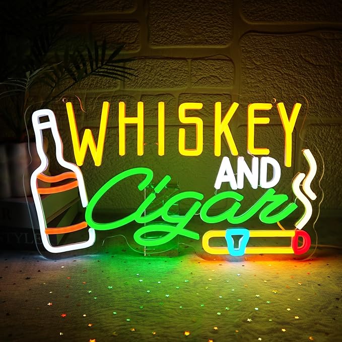Whiskey Cigar Neon Sign for Wall Decor Dimmable Whiskey Bar Led Sign for Lounge Cigarettes Neon Light for Home Pub Beer Bar Man Cave Wine Cellar Hotel Bedroom Party Decor