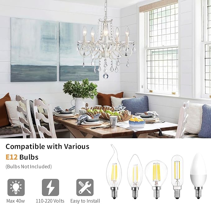 ANJIADENGSHI Small Crystal Chandelier, Modern White Chandelier Dining Room Light Fixture, Mini Crystal Pendant Light for Bedroom Ceiling Light Fixture for Living Room Entryway Kitchen Island Hallway