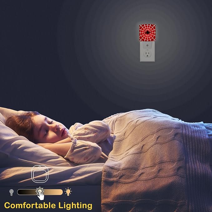 Red Spider Web Night Light with Dusk to Dawn Light Sensors, Plug-in Wall Led Night Lights, Energy Efficient Lamp for Bedroom/Bathroom/Kitchen/Hallway/Stairs