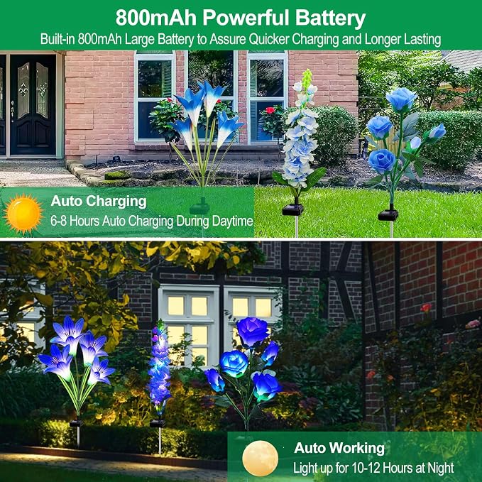 MRHEPHAESTUS Solar Garden Lights, 6 Pack Solar Flowers Lights with Lily Rose Delphinium, Waterproof Gardening Gifts for Mom Grandma Women,Multi-Color Changing Outdoor Light for Garden Yard Patio Lawn