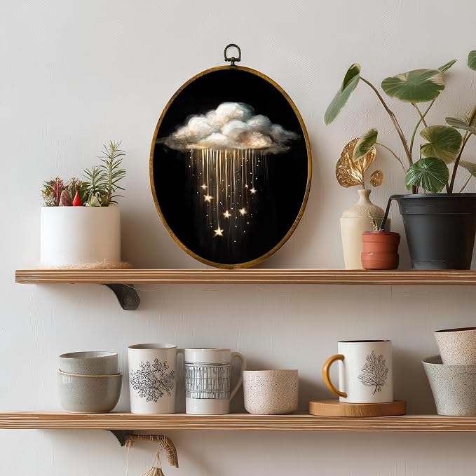 zewepri Whimsical Cloud Canvas Wall Art, Celestial Bohemian Decor, 8.6x11.4 | Cloud and star artwork on high-density canvas with hook for bedroom, living room, study, or art lover gift