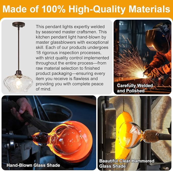 Modern Pendant Lights Kitchen Island, Oil Rubbed Bronze Pendant Light Fixtures with 11" Clear Hammered Glass Shade, Industrial Hanging Pendant Lights Fixture for Kitchen Island Dining Room Foyer
