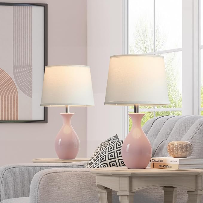 Table Lamp Set of 2, Modern Ceramic Bedside Lamps for Night Stands, Classic Small Lamp Nightstand Lamp for Bedroom Living Room Desk End Table Rocker Swtich Pink
