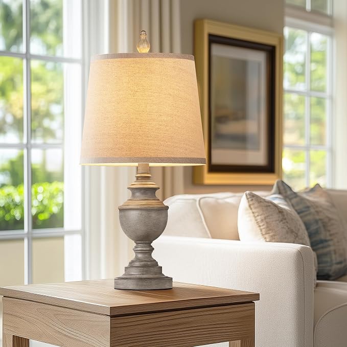Retro Table Lamps Set of 2, Bedside Lamp for Bedroom Rustic Farmhouse Table Lamps for Living Room, 22" Vintage Nightstand Lamps with White Shades, Antique Grey