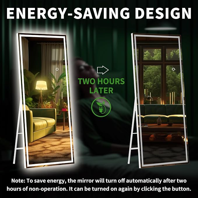 Hasipu Full Length Mirror with Lights, 67" x 22" LED Lighted Floor Standing, Full Body Dressing Hanging Mounted Mirror, Tempered Glass, Square Black