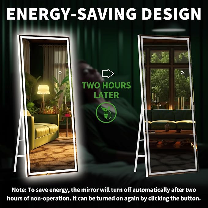 Hasipu Full Length Mirror with Lights, 67" x 24" LED Lighted Floor Standing, Full Body Dressing Hanging Mounted Mirror, Tempered Glass, Square White