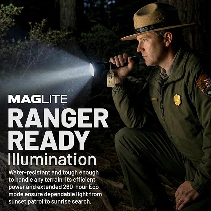 MagLite ML300L LED 4-Cell D Flashlight, Adjustable Focus, Long Battery Life, Water-Resistant, Tactical and Emergency Use – Black