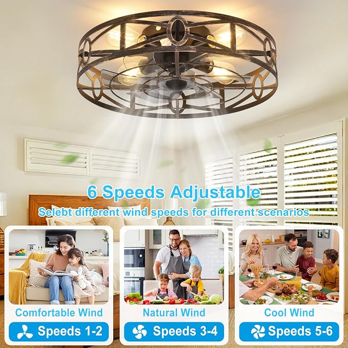 Depuley Flush Mount Ceiling Fan: 20" Caged Ceiling Fans with Remote Control for Patio Kitchen Bedroom - Low Profile Fandelier Lights Fixture Reversible 6 Speed Timer Brone 4*E26 Bulb Not Included
