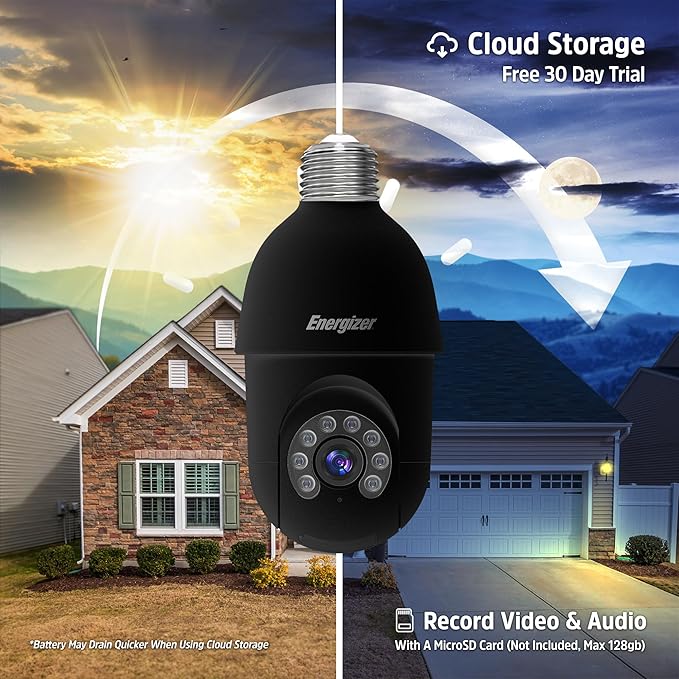 Energizer Smart Socket Camera, 2K QHD Outdoor Light Bulb Security Camera, 5GHz/2.4GHz, Pan & Tilt Auto Motion Tracking, 2-Way Audio, Night Vision, Recording, Alerts, Voice Control with Alexa & Google