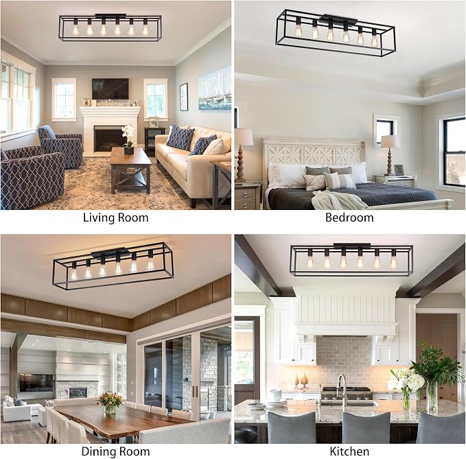 Garwarm 38" Farmhouse Kitchen Ceiling Light, Black Rectangle Flush Mount | 6-Light Farmhouse Dining Room Light Fixture, Industrial Rectangle Chandelier for Low Ceiling Living Room, Bedroom & Entryway