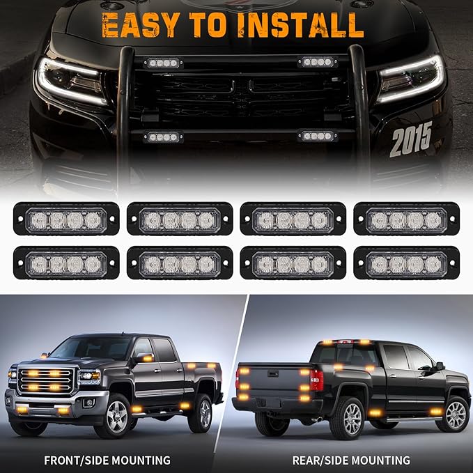 XRIDONSEN 8PCS Sync Grill Strobe Lights 32 LED Amber Strobe Lights Grille Surface Mount Emergency Flashing Warning Hazard Caution Safety Light for Tow Plow Trucks Construction Vehicles Car Wreckers