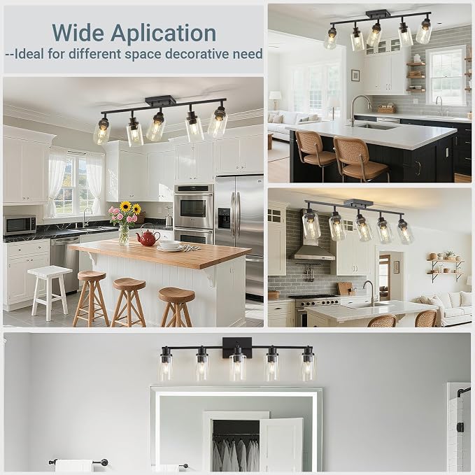 LOUSACE 5 Light Kitchen Track Light Fixtures Ceiling Vanity Lights Black, Bathroom Track Lighting Kit w/Rotatable Heads & Clear Glass Shade, Modern Wall Ceiling Tracking Light for Accent Shop Hallway