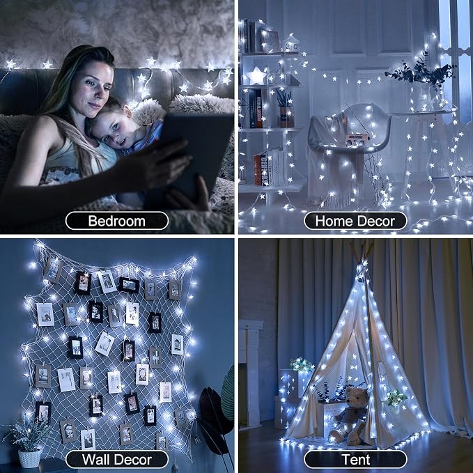 Minetom 33ft Plug in Star String Lights with Remote, White | Remote and Timer, Waterproof for Bedroom Tent Loft Bed Window Backyard Patio Porch Balcony Staircase Party Decor