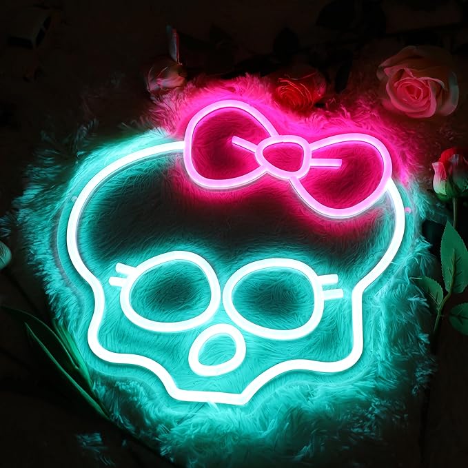 Skull Neon Sign for Room Decor Monster High Neon Light LED Skull with bow Sign Neon Sign for TV Series Fans Gifts Man Cave Wall Decor Dormitory Decoration USB Powered Dimmable 13"*12.6"