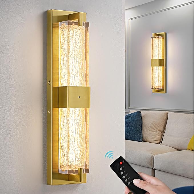 Battery Operated Resin Wall Sconce - Wireless Rechargeable Gold Wall Light Dimmable LED Remote Wall Sconces Lighting Modern Cordless Brushed Brass Vanity Light Fixture for Living Room Bedroom Bathroom