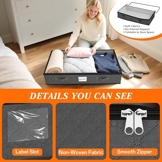 90L Under Bed Storage Containers, Storage Bags, Organizers, 6-Pack, Gray | Foldable, Soft Fabric, Closet Organizers, Reinforced Handle, Label Holder, Clear Window, for Comforters, Clothing, Blankets