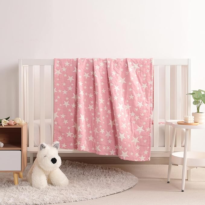 NTBAY 3 Layer Muslin Toddler Blanket, 30 x 40, Pink Star | Breathable Muslin Cotton Outer Layers with Light Thermal Fill, Reversible for Stroller, Daycare, Travel, and Supervised Use