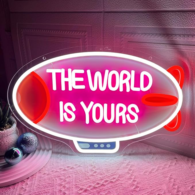 The World Is Yours Neon Sign Dimmable Blimp Neon Light for Wall Decor | USB Powered Airship Led Light Up Sign for Bedroom Game Room Man Cave Boy Teen Room Bar Birthday Party Wedding Valentines Day