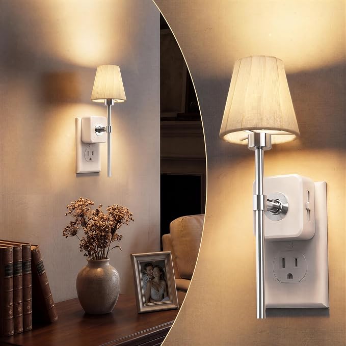 L LOHAS LED Night Lights Plug into Wall, Pleated Fabric Cover Night Light | Vintage Nightlight With Dusk to Dawn Sensor, 0-100LM Dimmable, for Bedroom Living Room Hallway